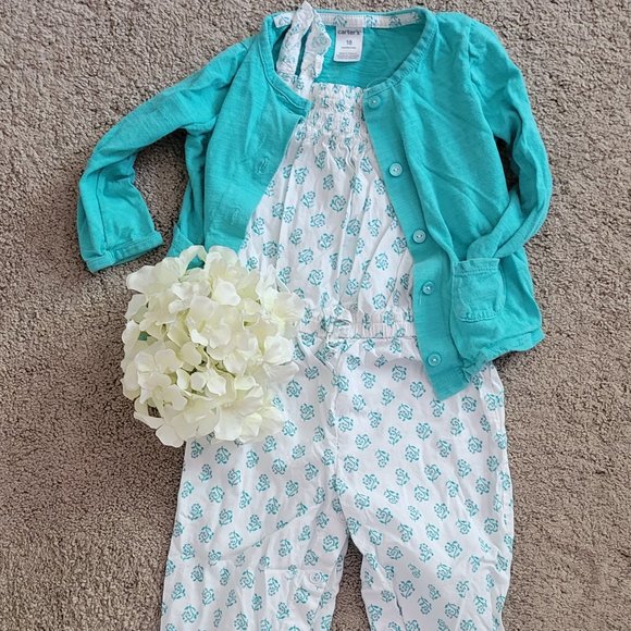 Carters Green/white 2-piece cardigan romper set - Picture 2 of 4